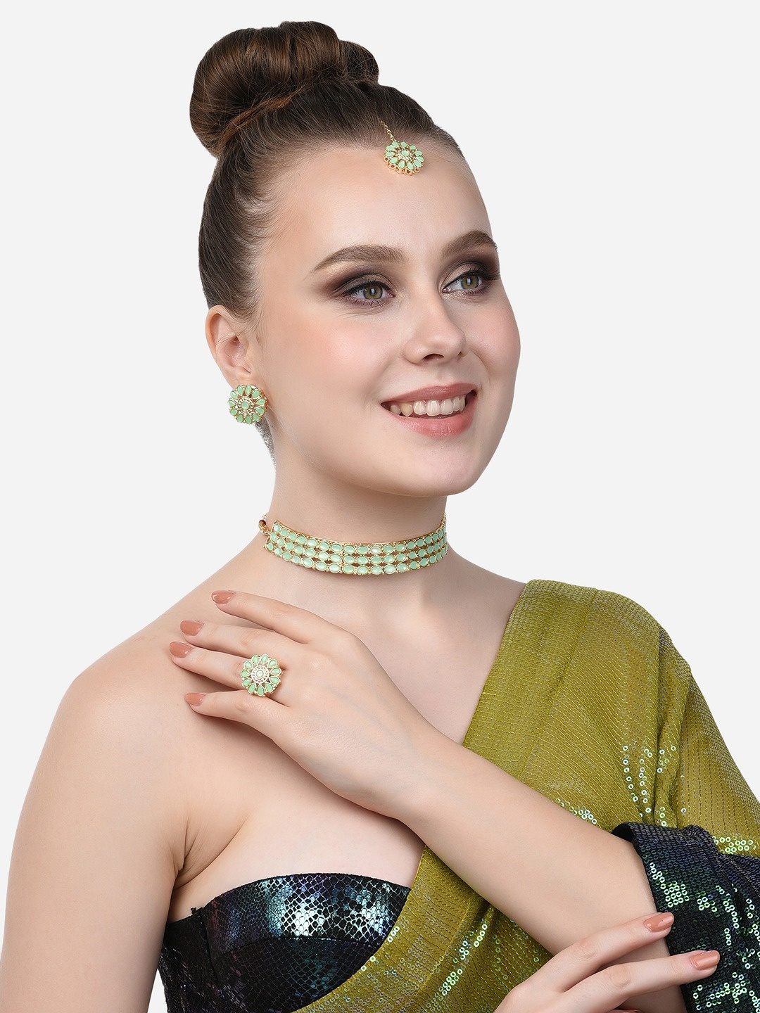 

Zaveri Pearls Women Gold-Plated Sea Green & White Stone Studded Jewellery Set