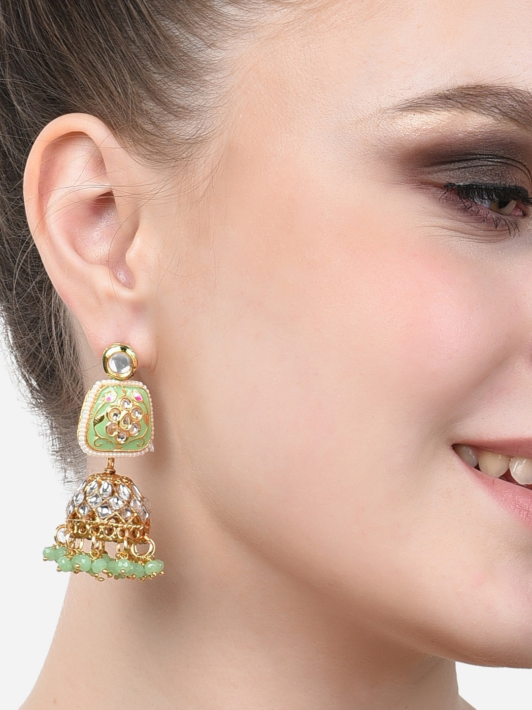 

Zaveri Pearls Green & Gold-Plated Kundan Studded Classic Meenakari Jhumkas Earrings