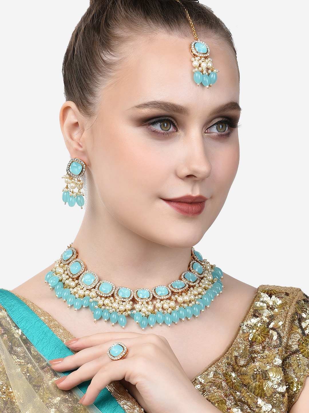 

Zaveri Pearls Women Gold-Plated Turquoise Blue Stone-Studded & Beaded Choker Necklace