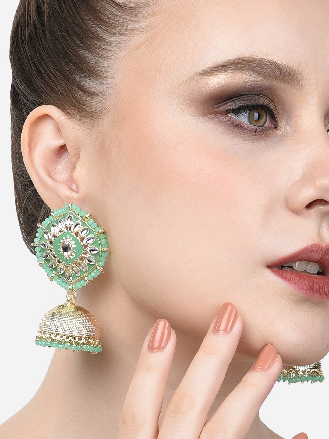 

Zaveri Pearls Women Green & Gold-plated Contemporary Jhumkas Earrings