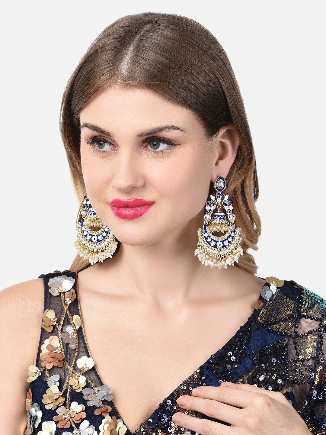 

Zaveri Pearls Blue & Gold-Toned Contemporary Chandbalis Earrings