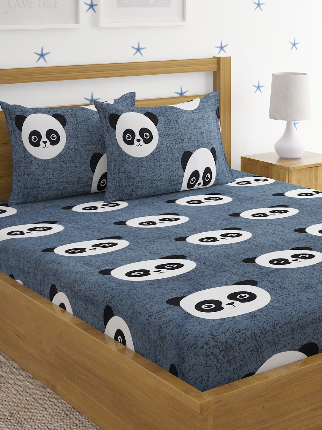 

SOKNACK Blue & White Cartoon Characters 300 TC Queen Bedsheet with 2 Pillow Covers