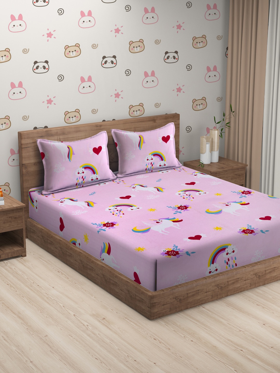 

SOKNACK Pink & White Cartoon Characters 300 TC Queen Bedsheet with 2 Pillow Covers