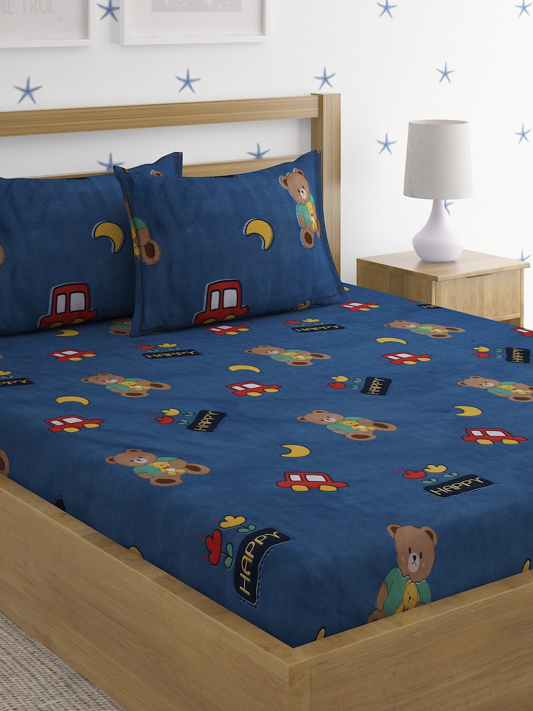 

SOKNACK Blue & Mustard Cartoon Characters 300 TC Queen Bedsheet with 2 Pillow Covers