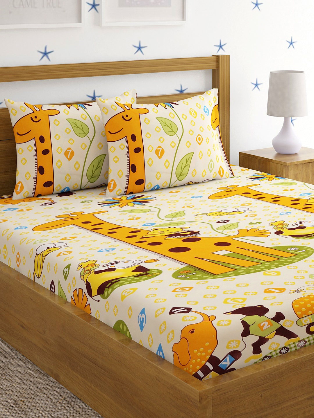 

SOKNACK Yellow & Orange Cartoon Characters 300 TC Queen Bedsheet with 2 Pillow Covers