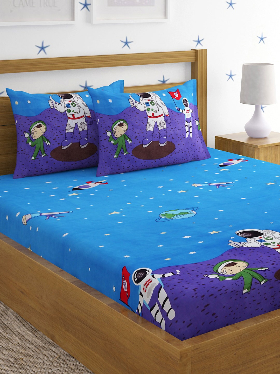 

SOKNACK Blue & White Cartoon Characters 300 TC Queen Bedsheet with 2 Pillow Covers