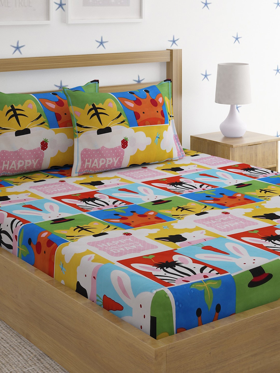 

SOKNACK Blue & Yellow Graphic 300 TC Queen Bedsheet with 2 Pillow Covers