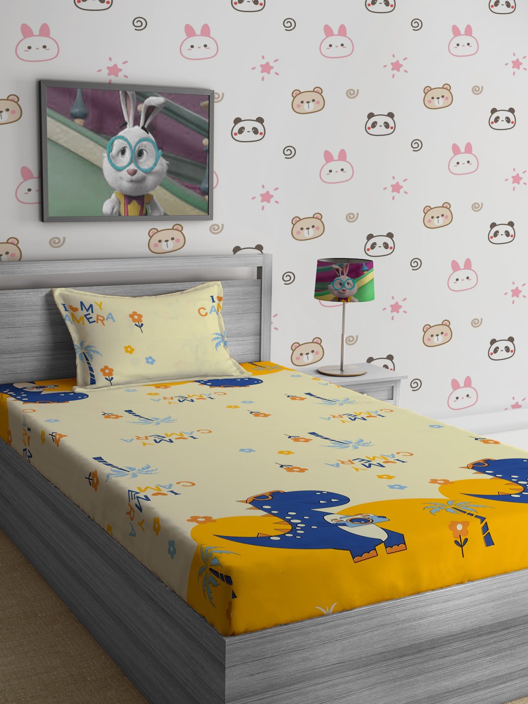 

SOKNACK Yellow & Blue Graphic 300 TC Single Bedsheet with 1 Pillow Cover