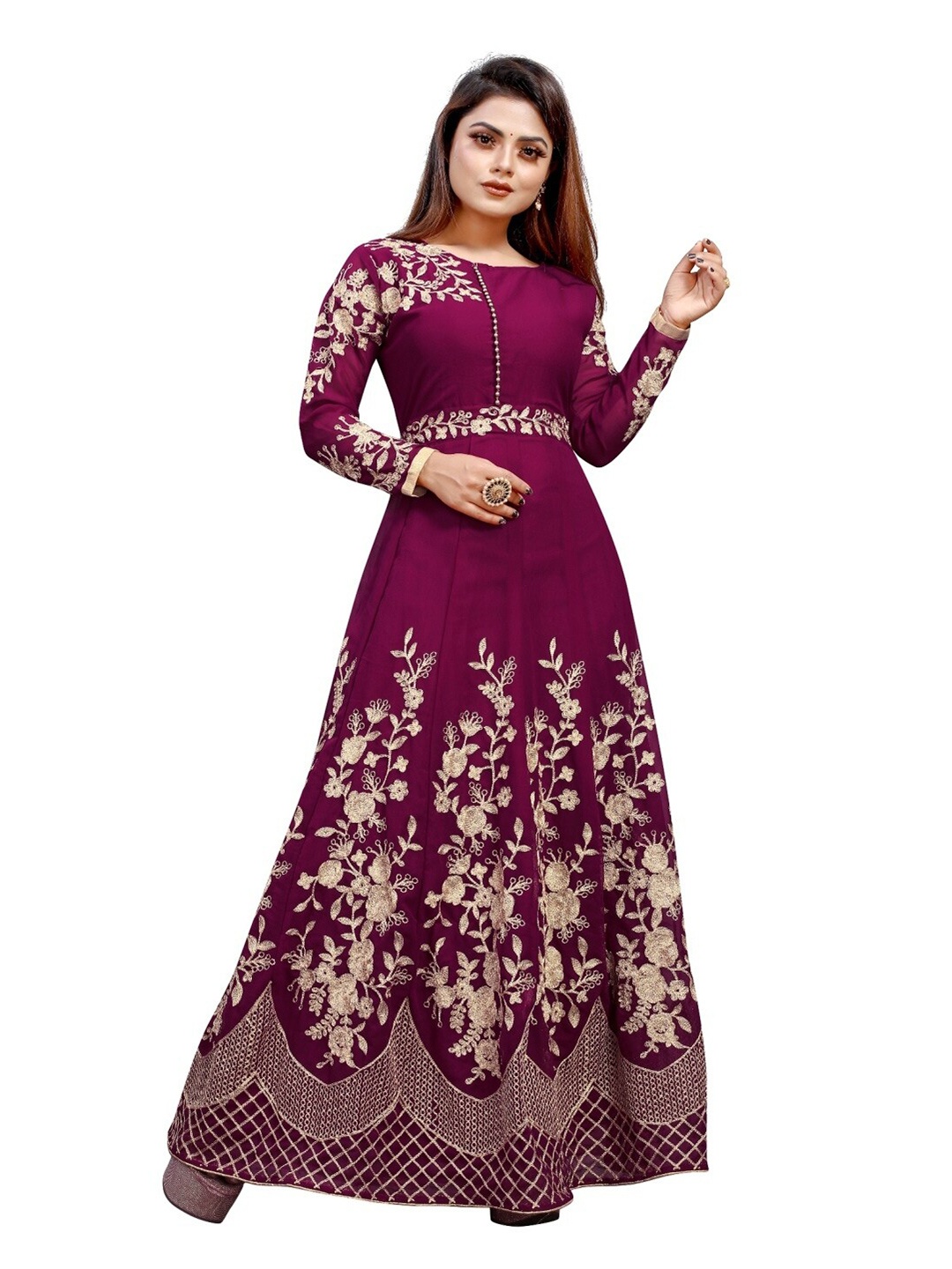 

APNISHA Women Purple Floral Embroidered Net Ethnic Maxi Dress