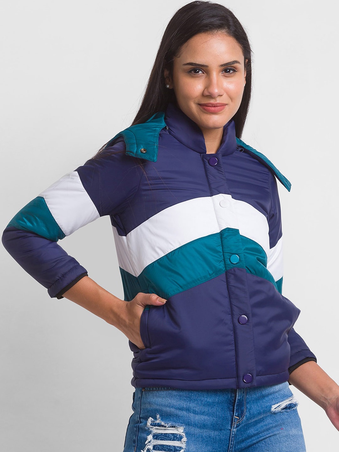 

SPYKAR Women Blue Green Colourblocked Padded Jacket