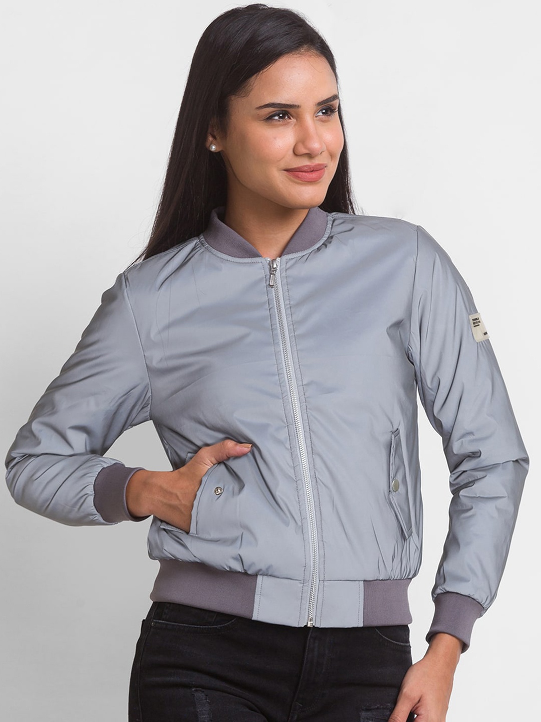 

SPYKAR Women Silver-Toned Casual Bomber Jacket