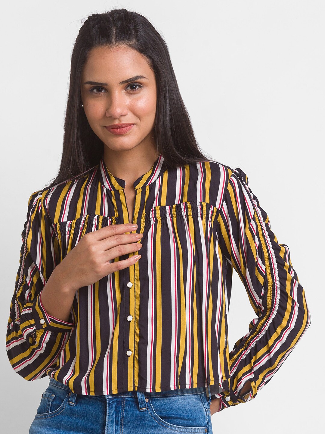 

SPYKAR Women Yellow Cotton Striped Casual Shirt