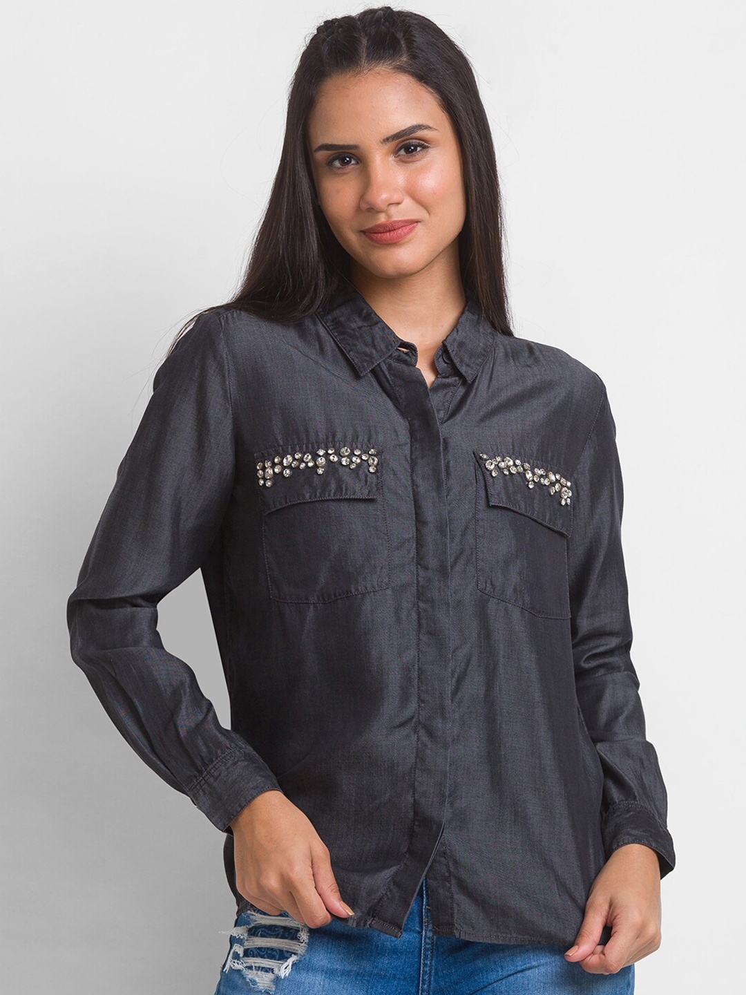 

SPYKAR Women Black Satin Casual Shirt