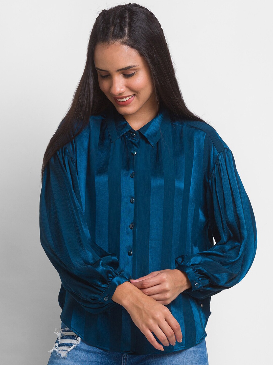 

SPYKAR Women Teal Blue Striped Casual Shirt