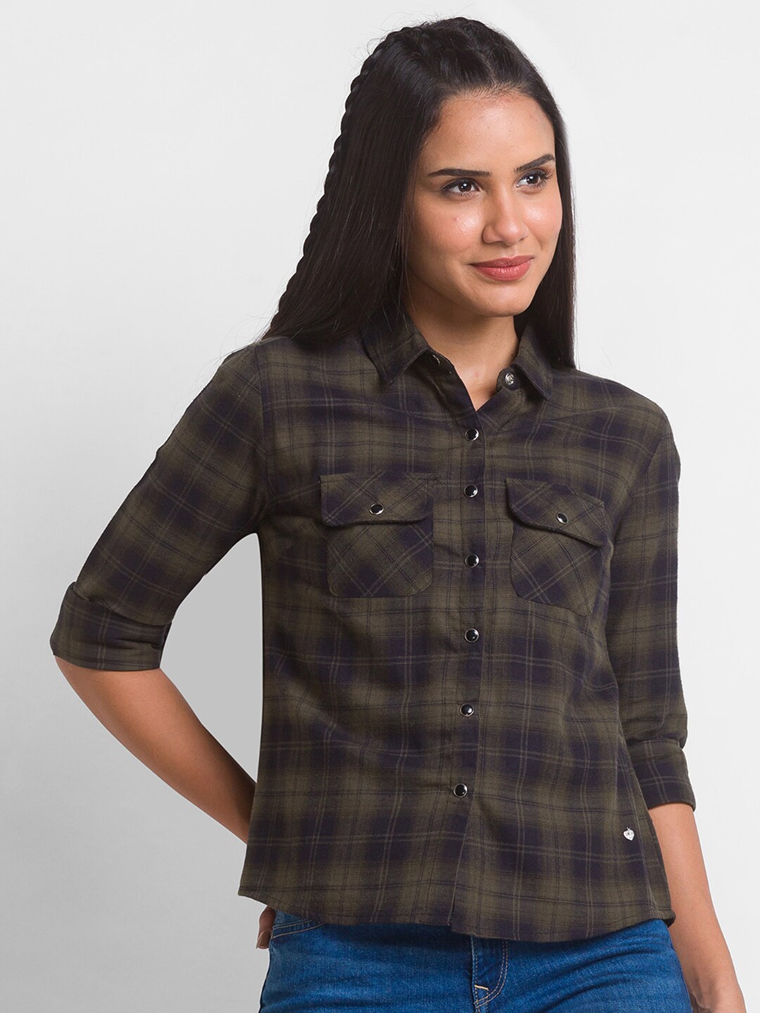 

SPYKAR Women Olive Green Cotton Tartan Checked Casual Shirt