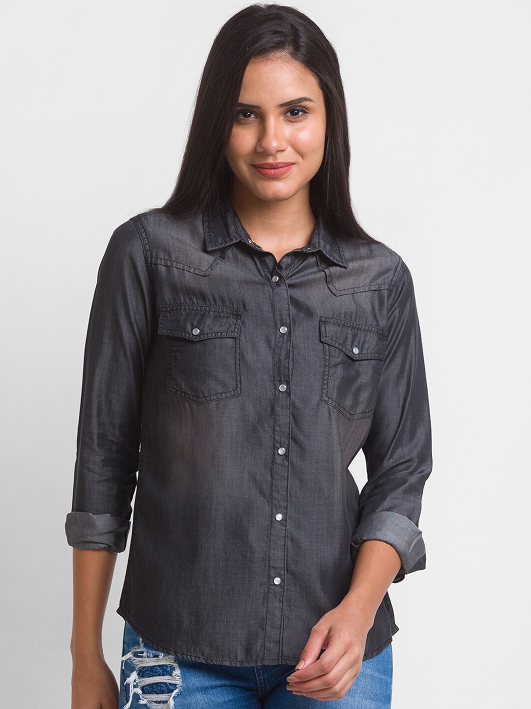 

SPYKAR Women Black Cotton Casual Shirt