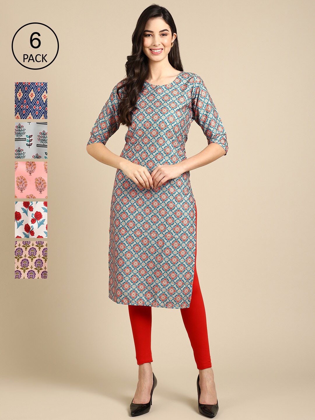 

7Threads Women Multicoloured Pack of 6 Digital Printed Straight Kurtas, Multi