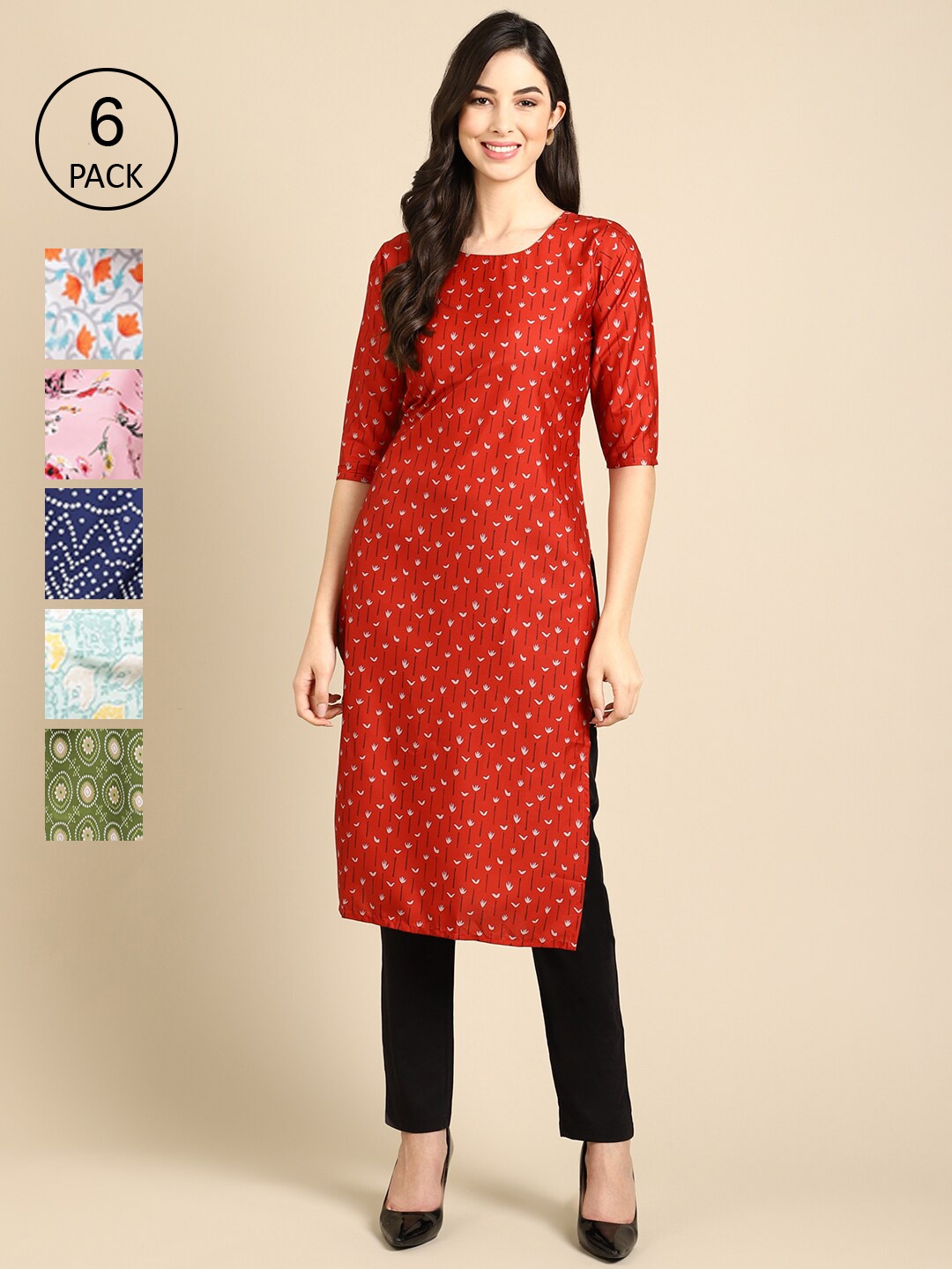 

7Threads Women Pack of 6 Ethnic Motifs Printed Crepe Kurta, Multi