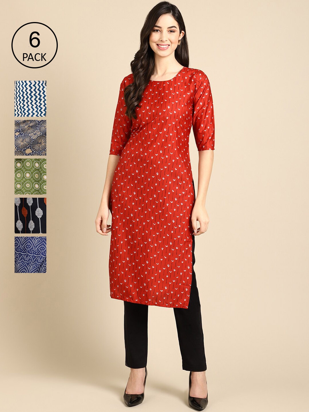 

7Threads Women Pack of 6 Digital Printed Crepe Straight Kurta, Red