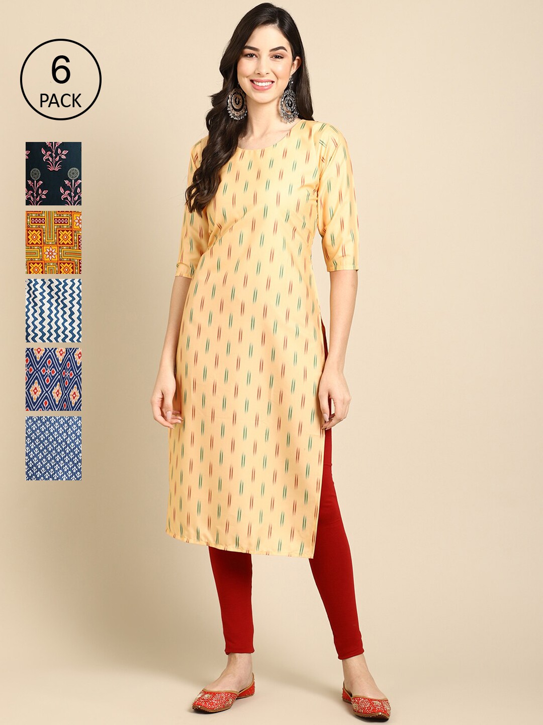 

7Threads Women Pack of 6 Digital Printed Crepe Straight Kurtas, Yellow