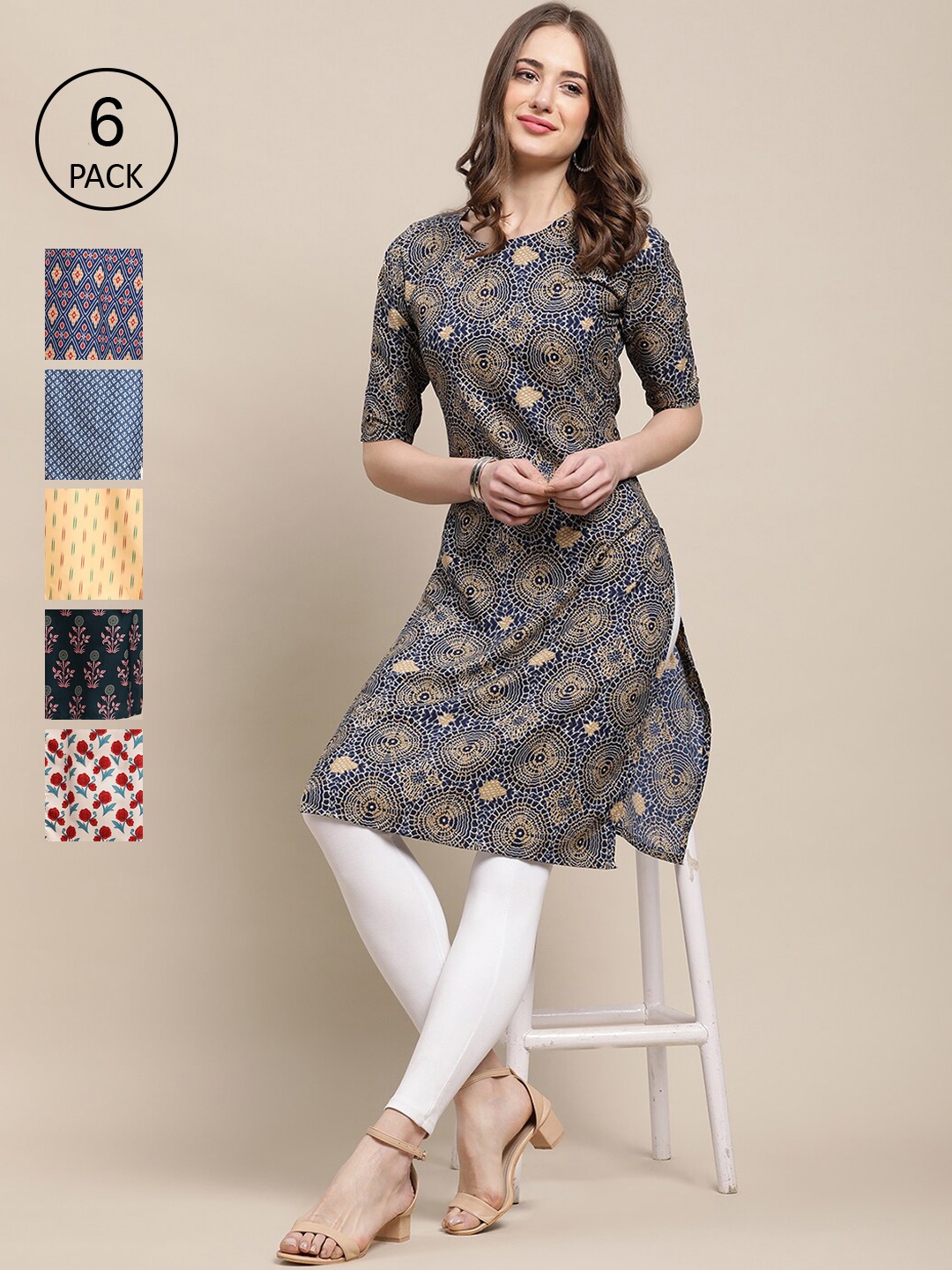 

7Threads Women Pack of 6 Digital Printed Crepe Straight Kurtas, Yellow