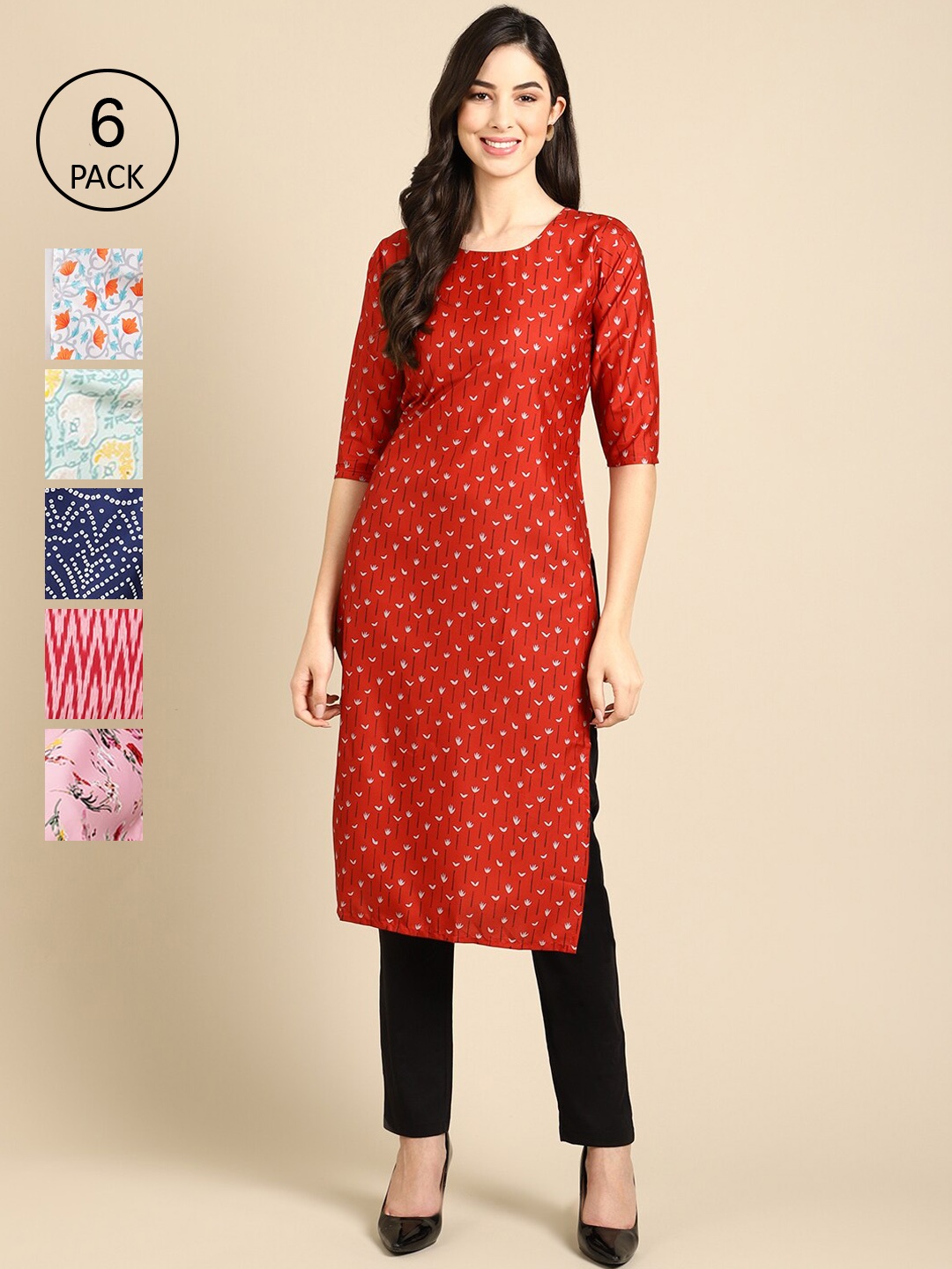

7Threads Women Pack of 6 Digital Printed Crepe Straight Kurtas, Red