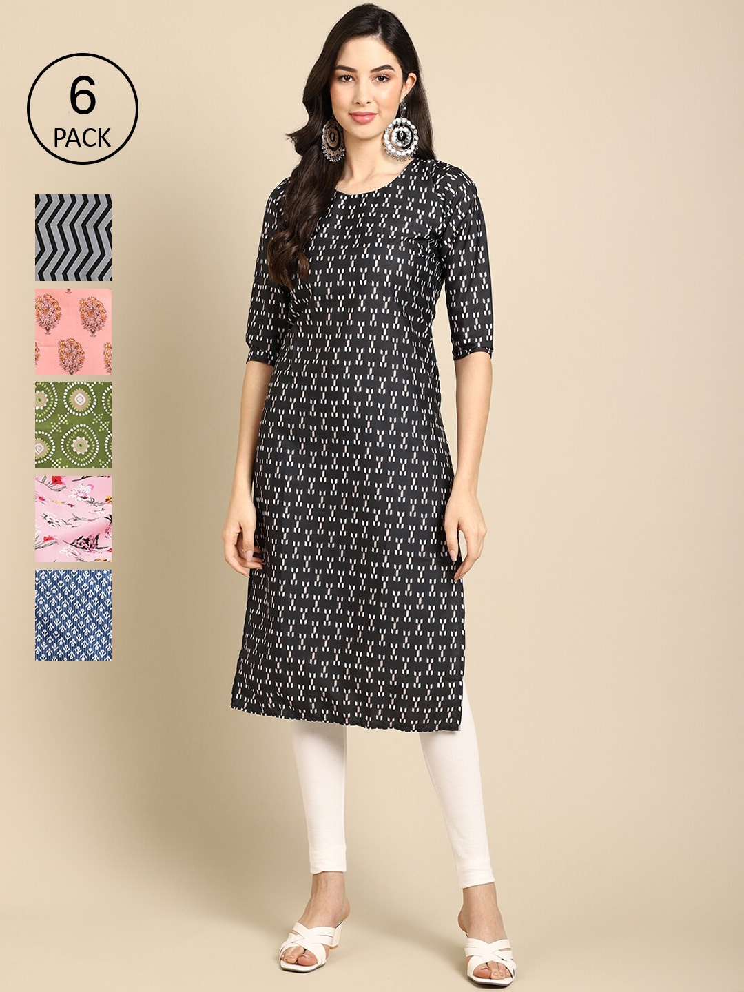

7Threads Women Pack of 6 Digital Printed Crepe Straight Kurtas, Multi