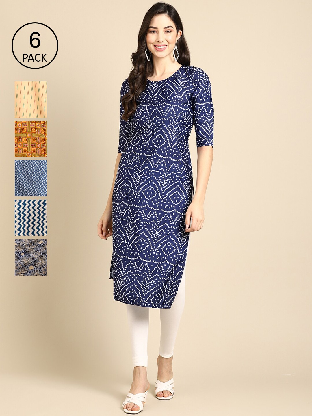 

7Threads Women Pack Of 6 Navy Blue Ethnic Motifs Printed Crepe Kurta