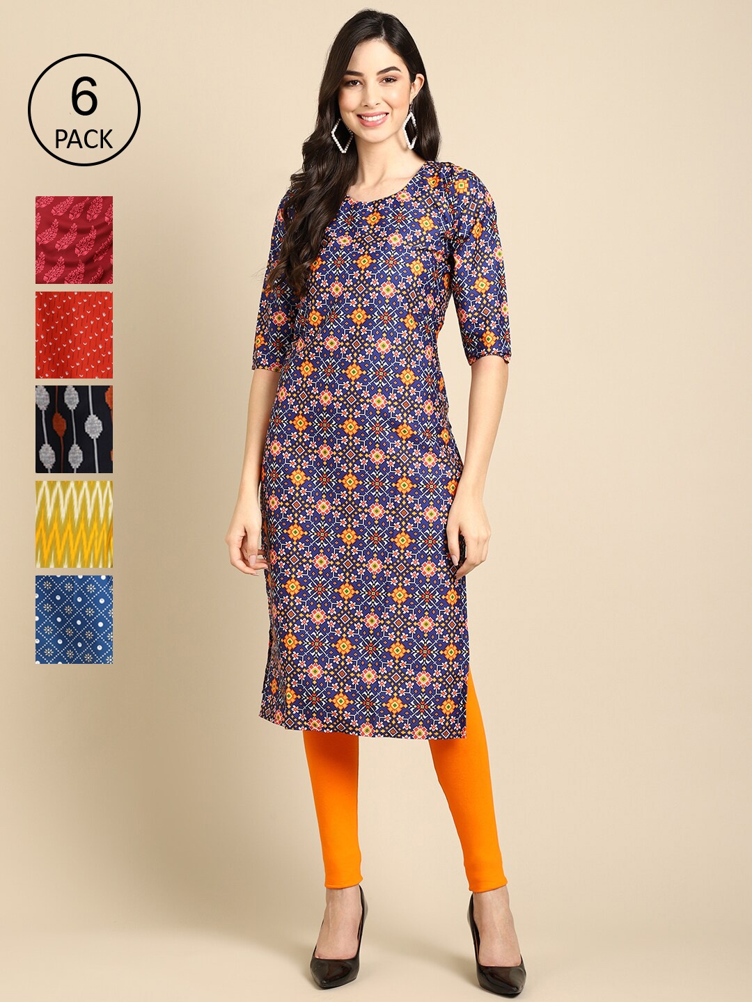 7Threads Women Pack Of 6 Printed Block Print Crepe Kurta, Blue