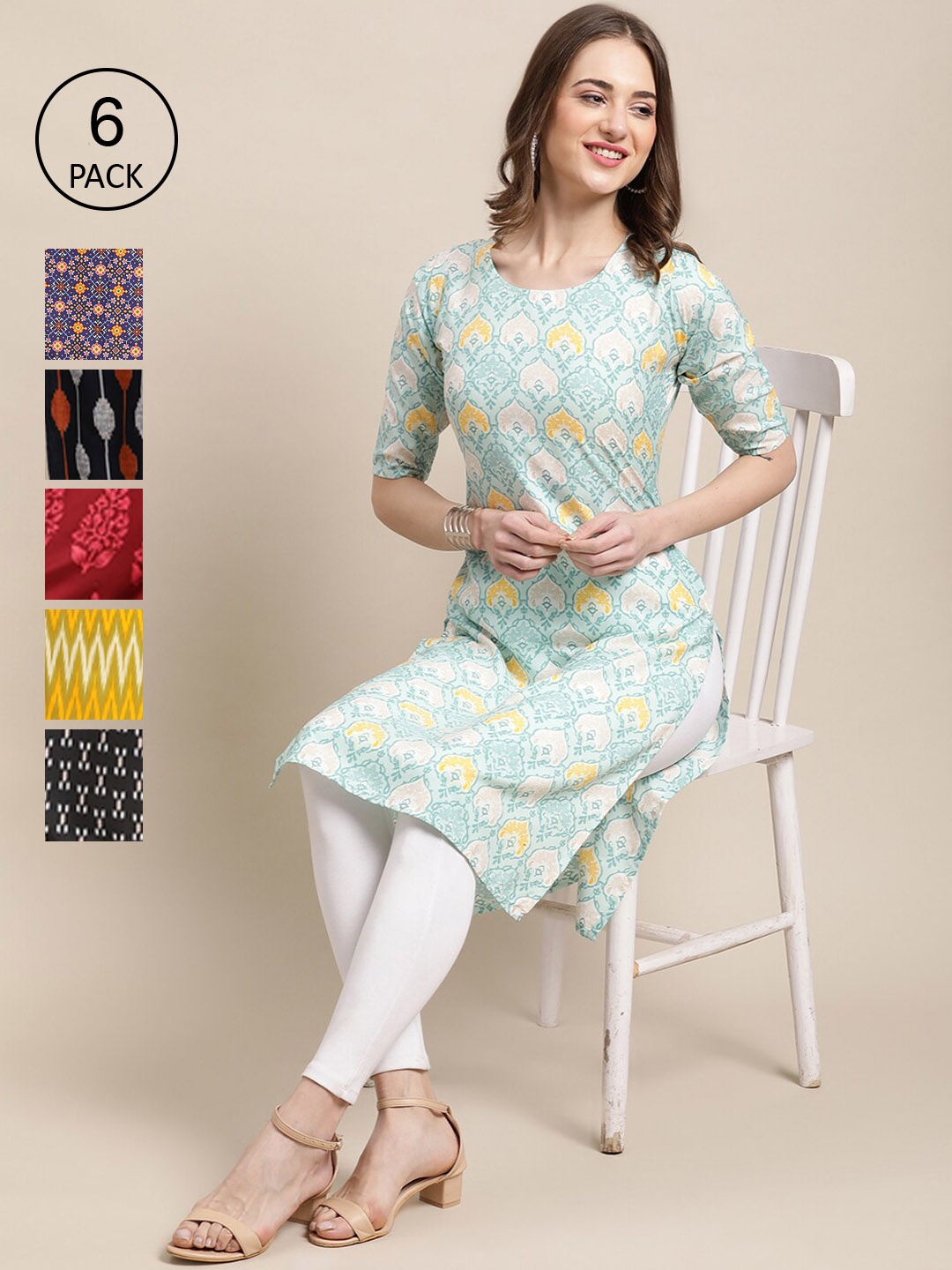 

7Threads Women Pack Of 6 Printed Crepe Kurta, Black