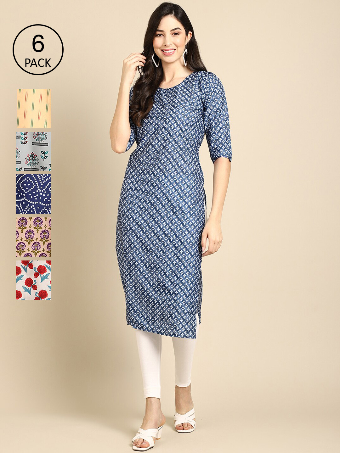 

7Threads Women Pack Of 6 Printed Summer Sheers Crepe Kurta, Blue