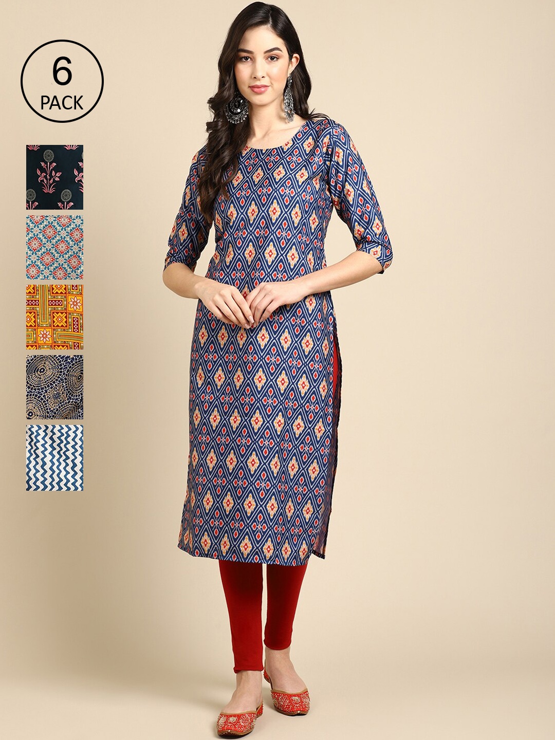 

7Threads Women Pack of 6 Geometric Printed Crepe Straight Kurta, Blue