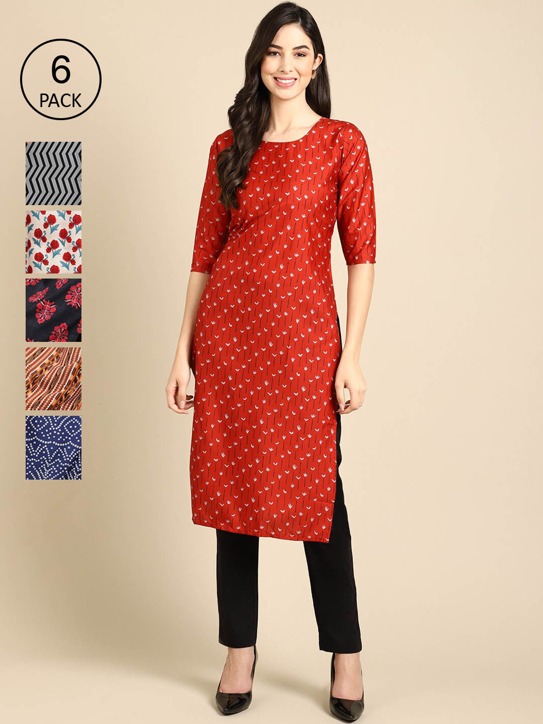 

7Threads Women Pack Of 6 Geometric Printed Striped Block Straight Kurta, Red