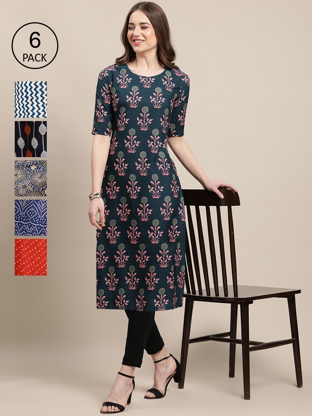 

7Threads Women Pack Of 6 Navy Blue Ethnic Motifs Printed Crepe Kurta