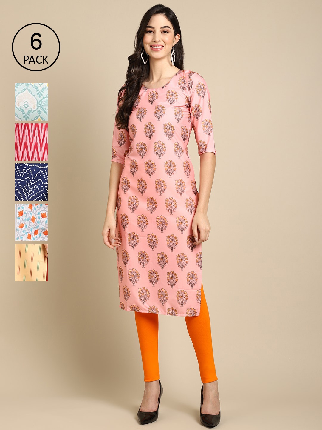 

7Threads Women Pack Of 6 Multicoloured Ethnic Motifs Printed Crepe Kurta, Multi