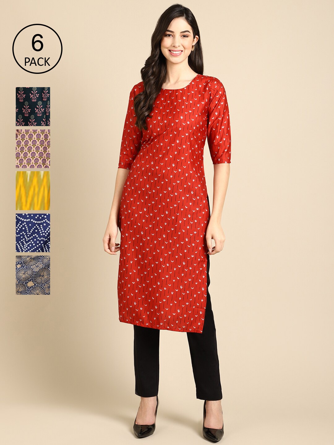 

7Threads Pack of 6 Women Green & Yellow Ethnic Motifs Printed Crepe Kurtas