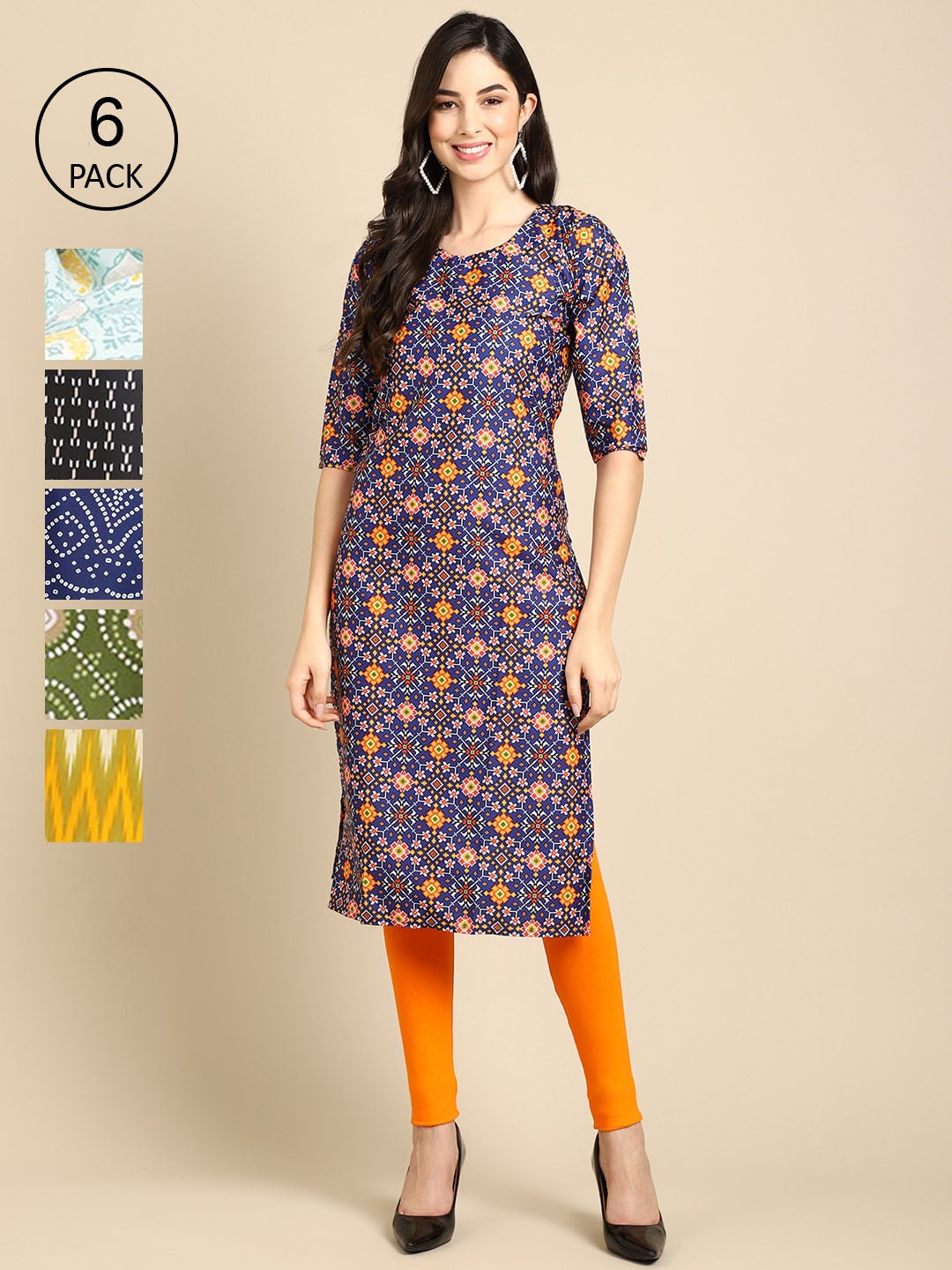 

7Threads Pack of 6 Women Multicoloured & Navy Blue Ethnic Motifs Printed Crepe Kurta, Multi