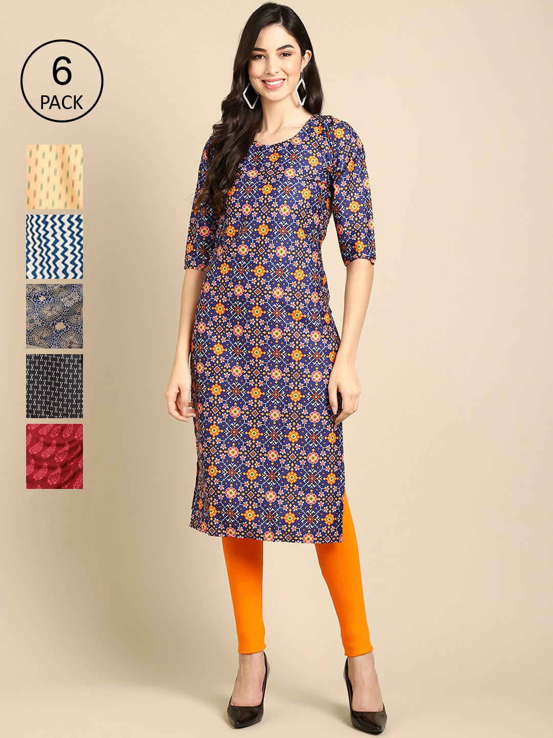 

7Threads Pack of 6 Women Blue & Yellow Ethnic Motifs Printed Block Print Crepe Kurta