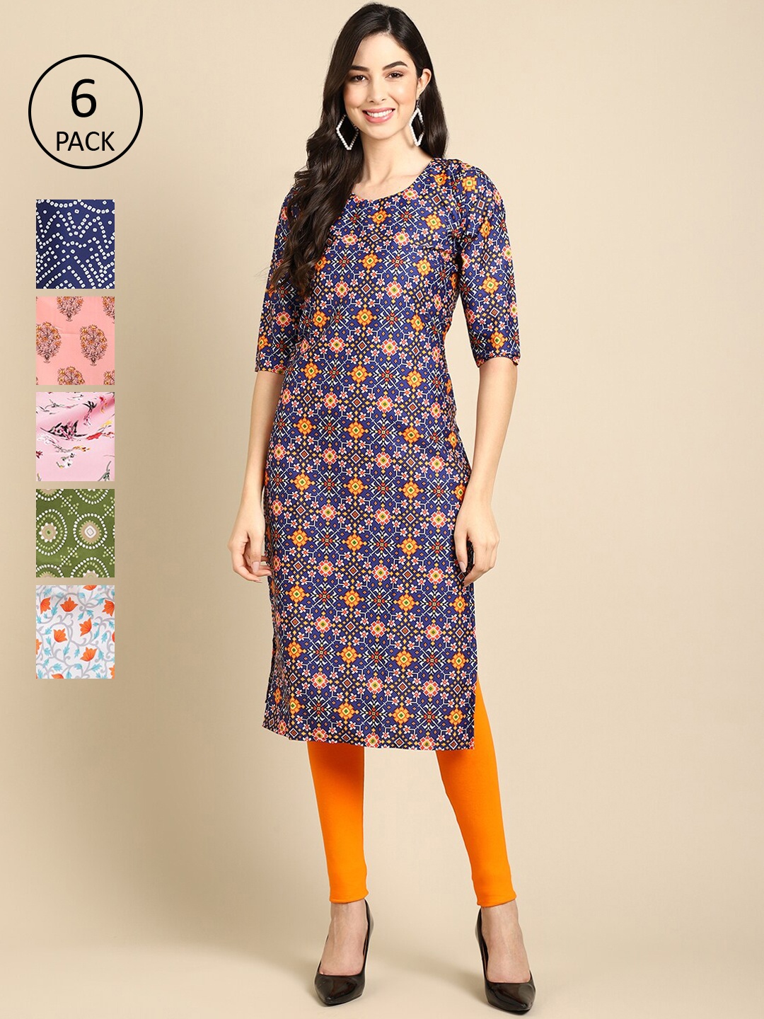 

7Threads Women Pack Of 6 Ethnic Motifs Printed Crepe Kurta, Navy blue