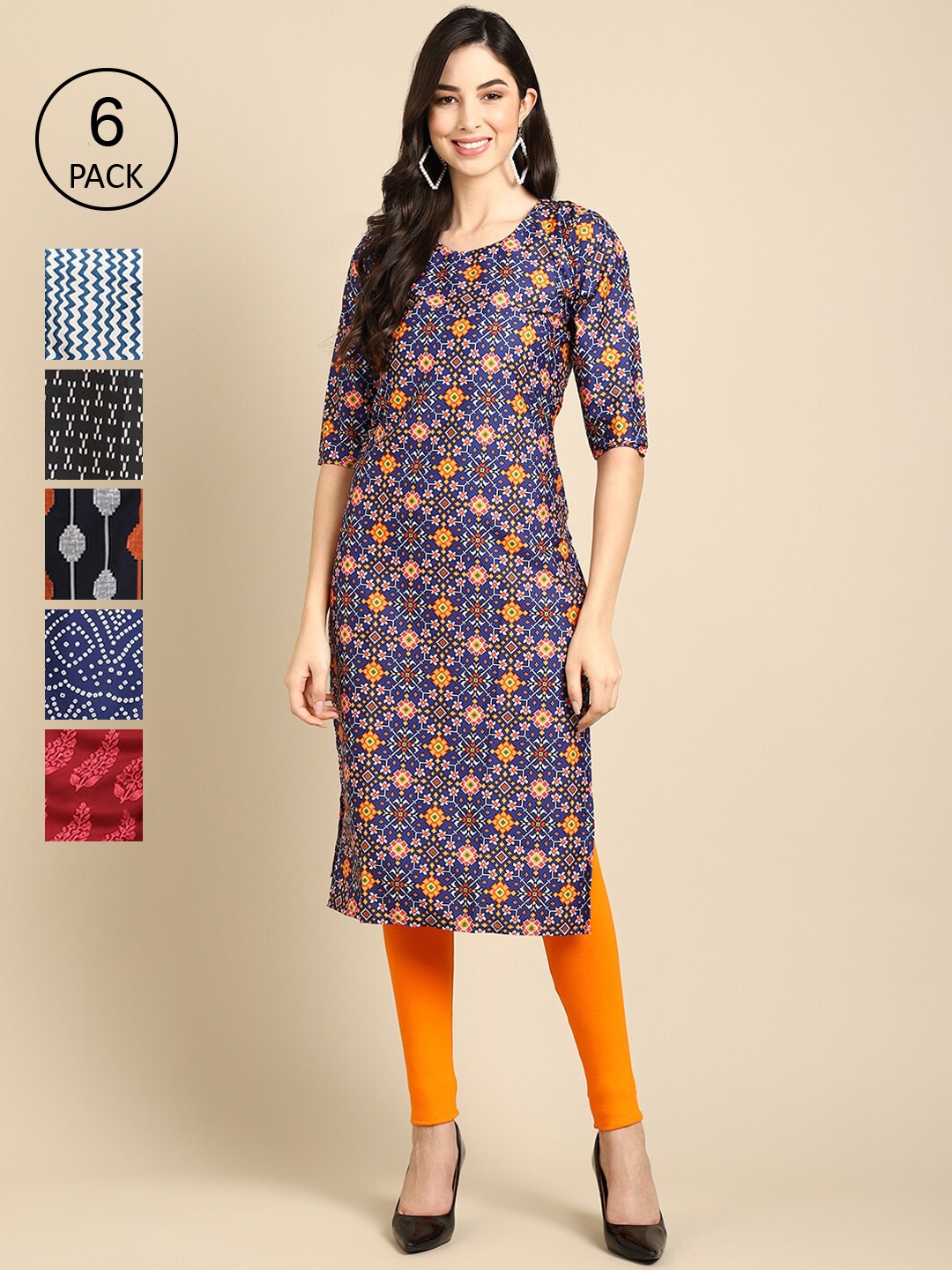 

7Threads Women's Crepe Multi Color Digital Printed Straight Kurta [PACK OF 6]
