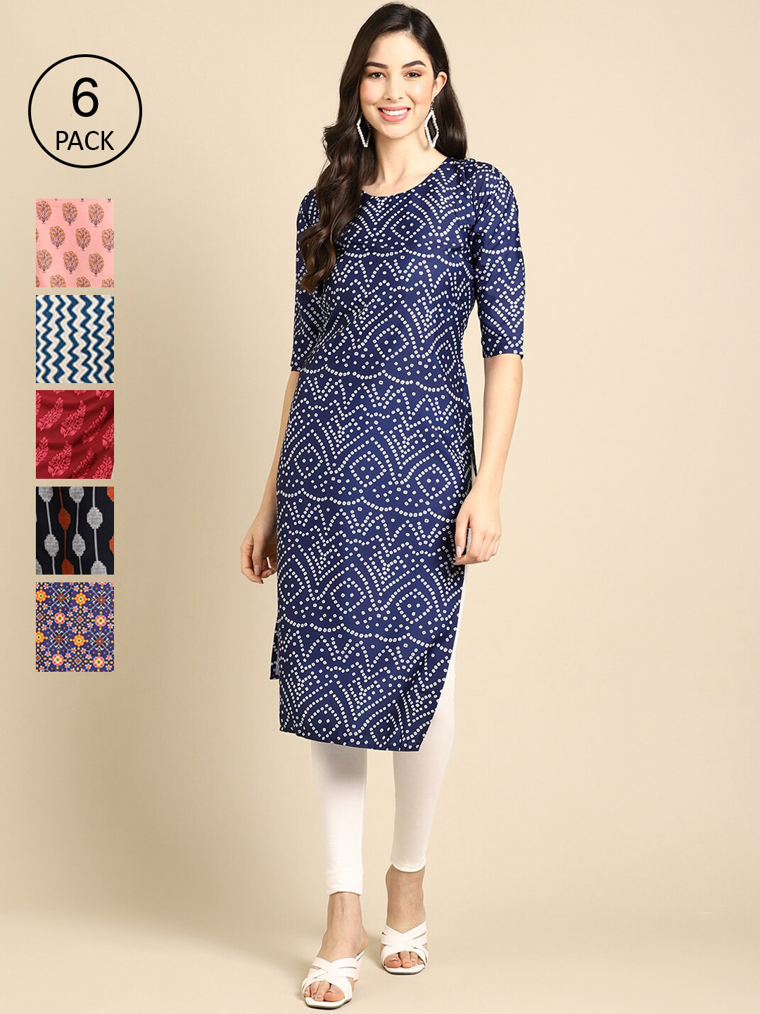 

7Threads Women Pack Of 6 Multicoloured Ethnic Motifs Printed Block Print Crepe Kurta, Multi