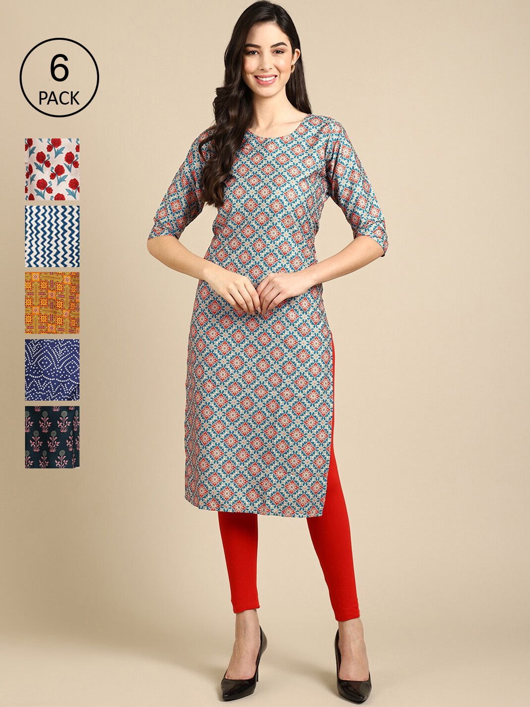 

7Threads Women Pack Of 6 Multicoloured Geometric Printed Block Print Crepe Kurta, Multi