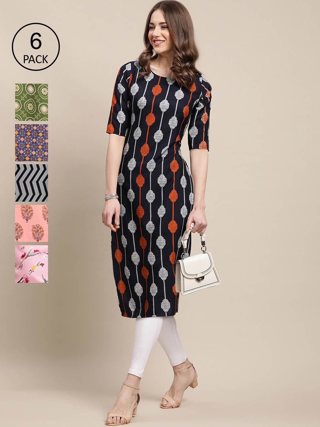 

7Threads Women Green & Blue Pack Of 6 Geometric Printed Block Print Crepe Kurta