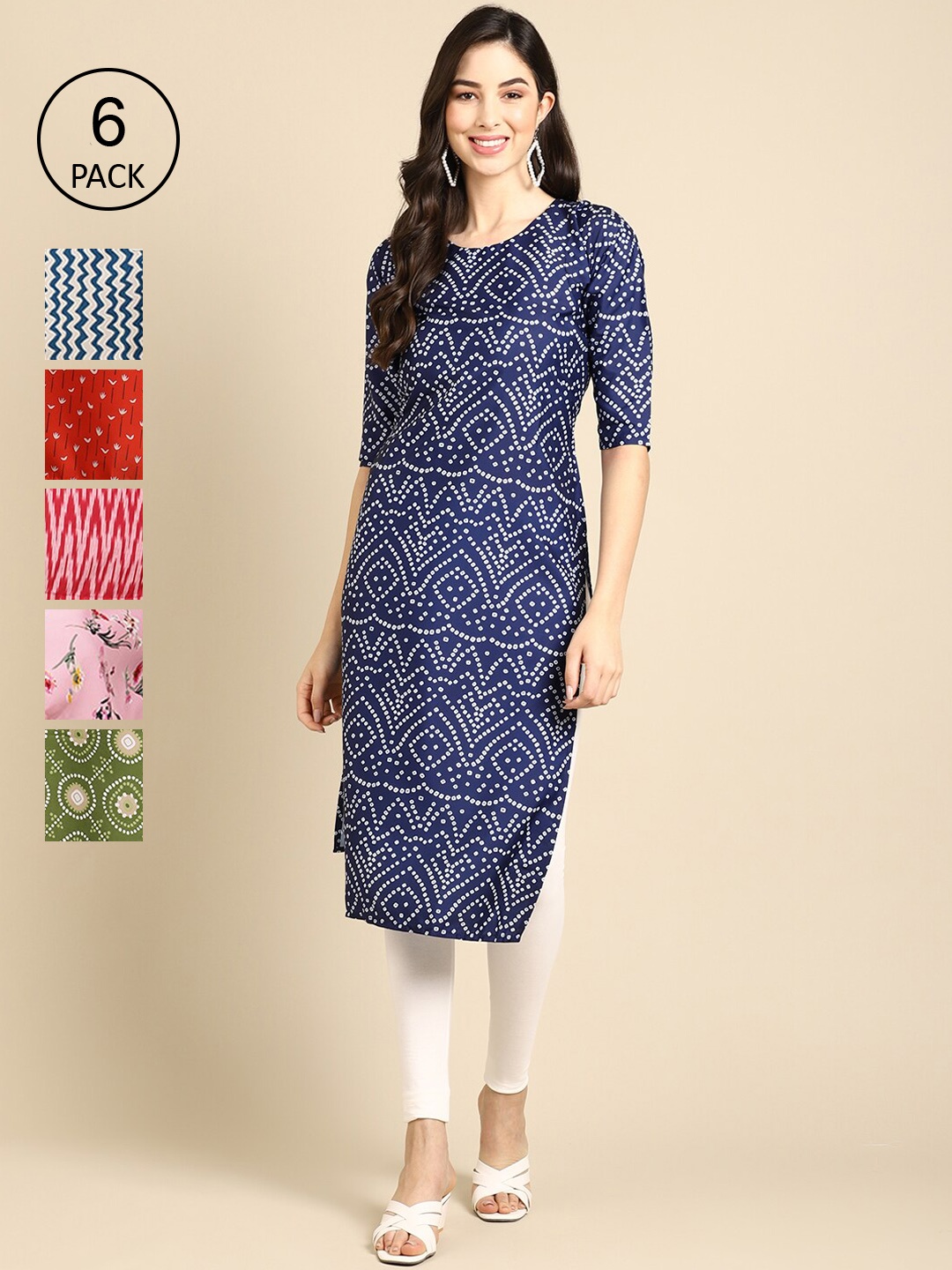 

7Threads Women Pack Of 6 Geometric Printed Crepe Kurta, Blue