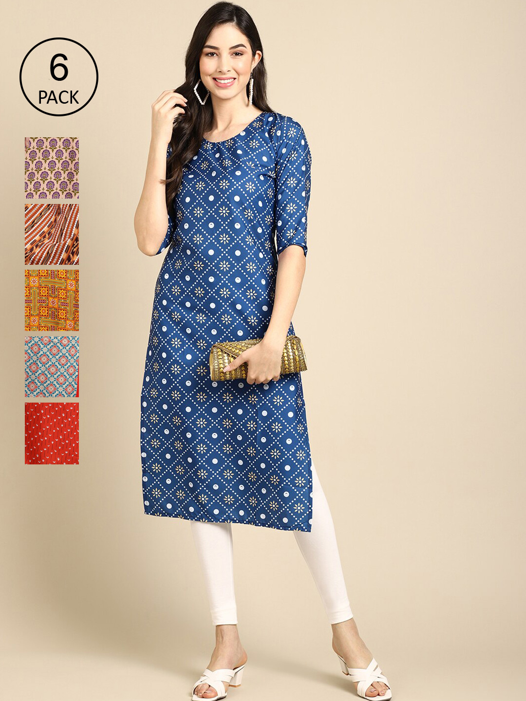 

7Threads Women Pack Of 6 Ethnic Motifs Printed Crepe Kurta, Blue