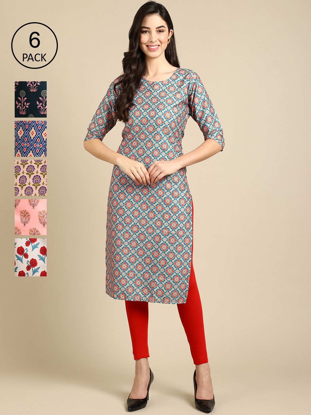 

7Threads Women Pack Of 6 Ethnic Motifs Printed Crepe Kurta, Pink