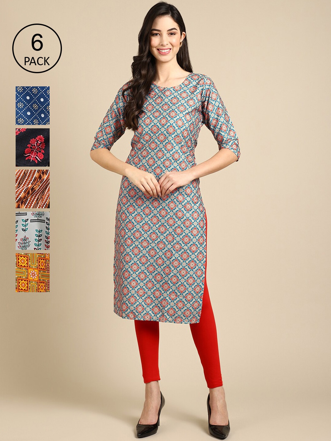 

7Threads Women Pack of 6 Grey & Blue Floral Printed Crepe Kurta