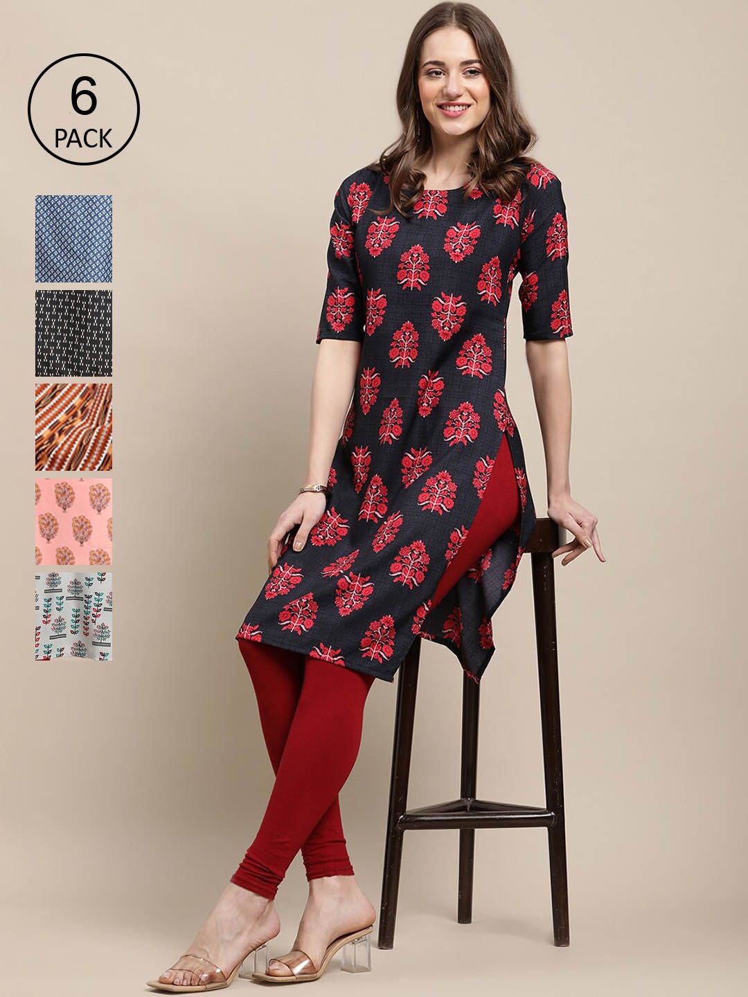 

7Threads Women Set Of 6 Black & Blue Floral Printed Crepe Kurta