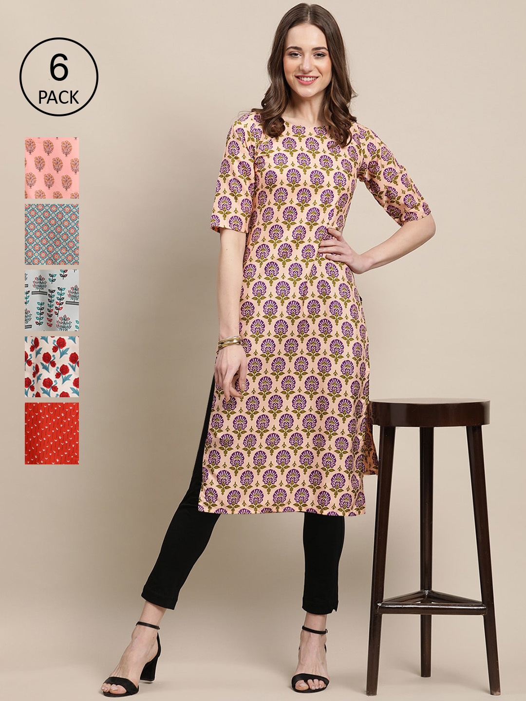 

7Threads Women Pack of 6 Digital Printed Crepe Straight Kurtas, Peach