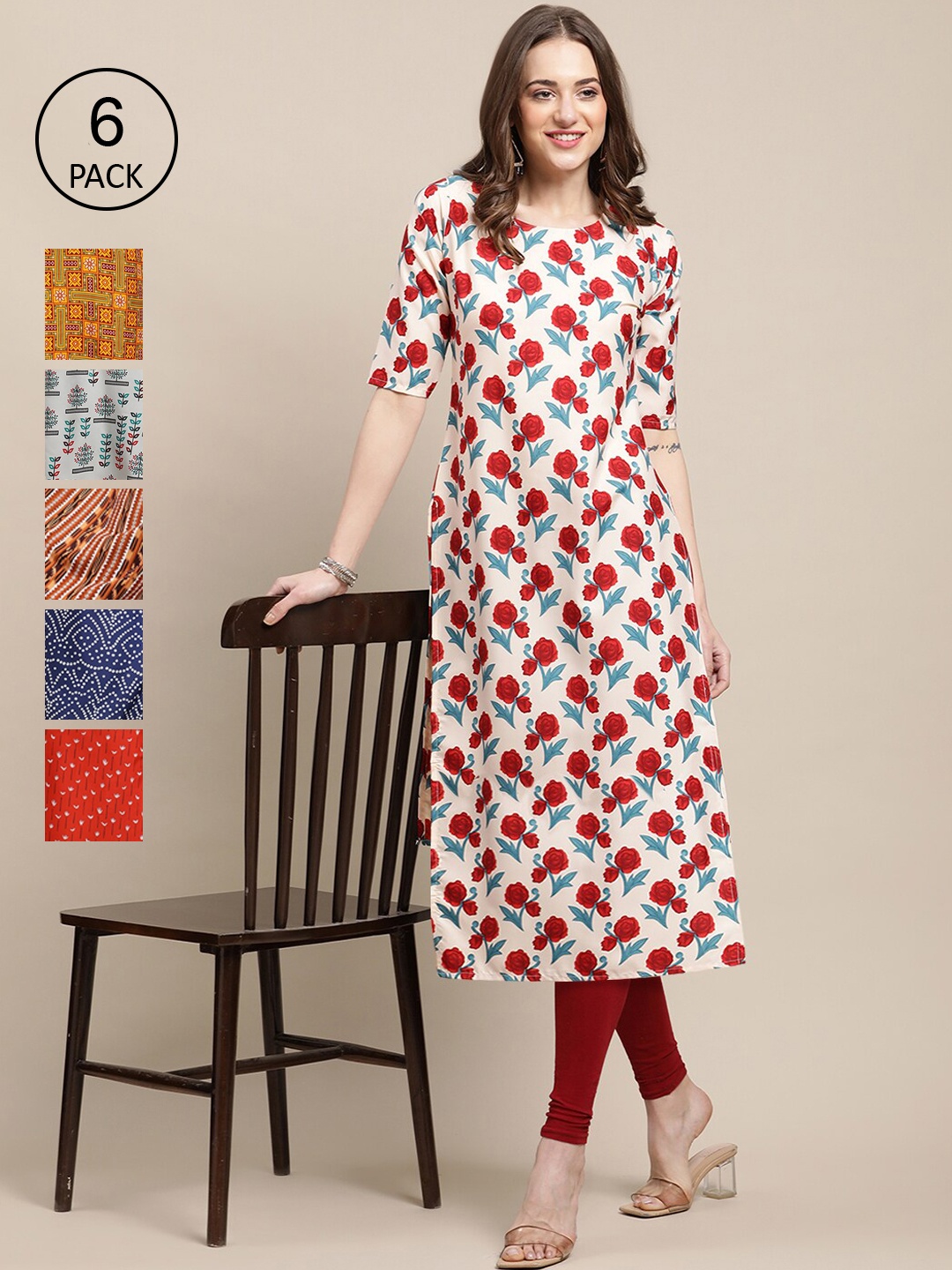 

7Threads Women Pack Of 6 Summer Sheers Crepe Kurta, Red